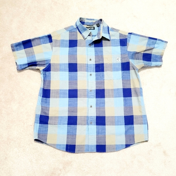 Solaris Men's Plaid Short Sleeve Button-Up Shirt Size M Blue Beige 100% Cotton - Picture 1 of 10